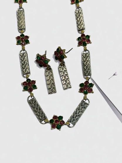 GREEN RED NIVEDITA GERMAN SILVER JEWELLERY SET