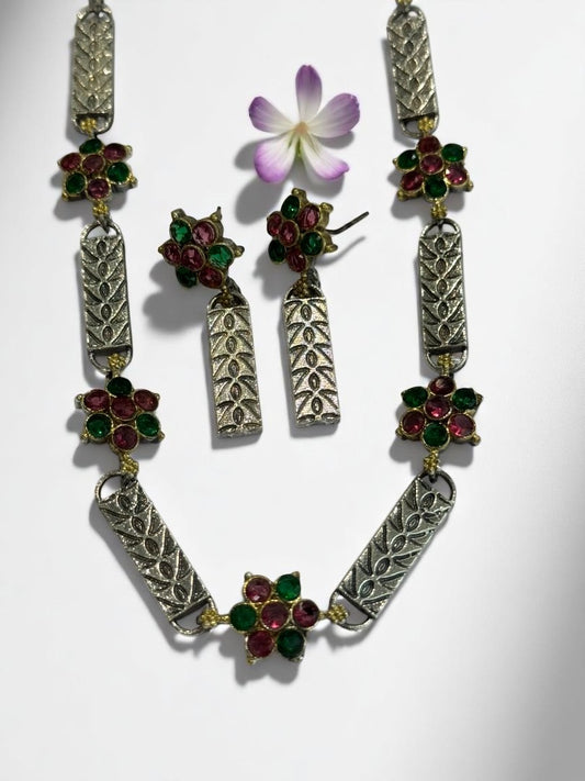 GREEN RED NIVEDITA GERMAN SILVER JEWELLERY SET