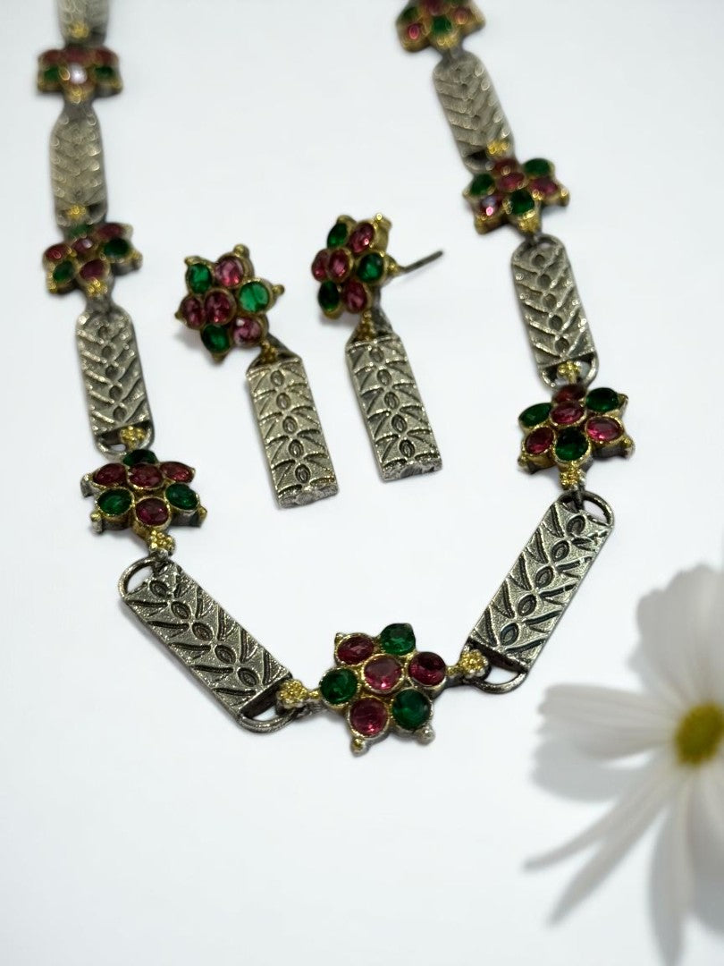 GREEN RED NIVEDITA GERMAN SILVER JEWELLERY SET