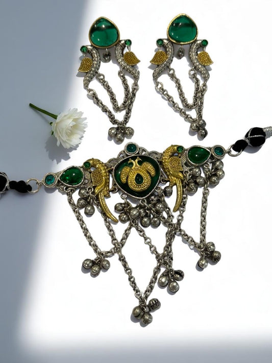 GREEN SHANI GERMAN SILVER JEWELLERY SET
