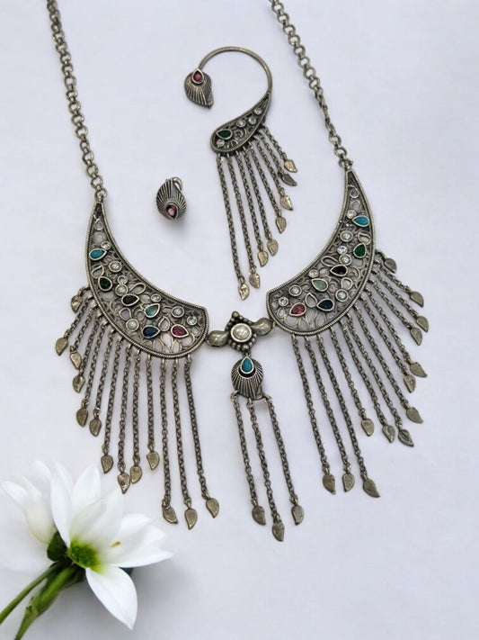 MULTI STONE MAYA GERMAN SILVER JEWELLERY SET