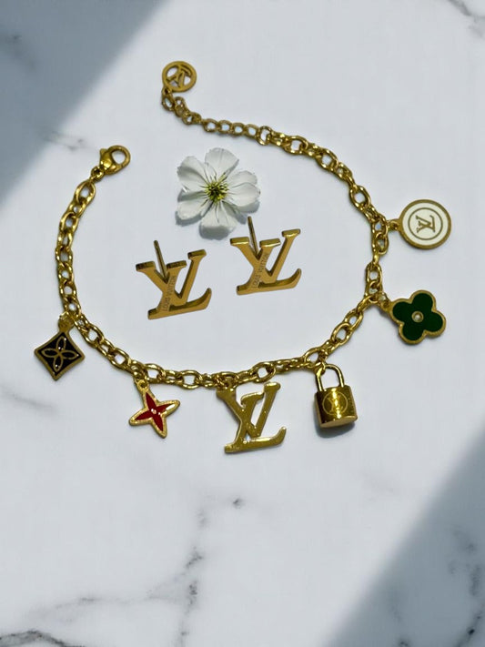 GOLDEN CHAIN WITH CHAMS AND STUD EARRINGS COMBO
