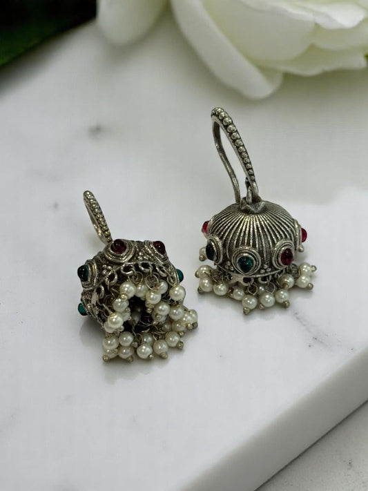 GERMAN SILVER MULTI COLOURED HOOP ZUMKI EARRINGS