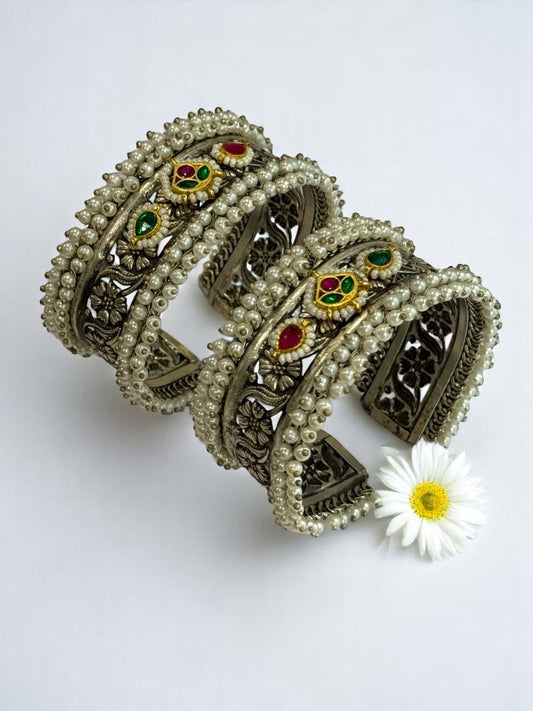 GERMAN SILVER MULTI STONE LOTUS WITH HANGING BEADS CUFF