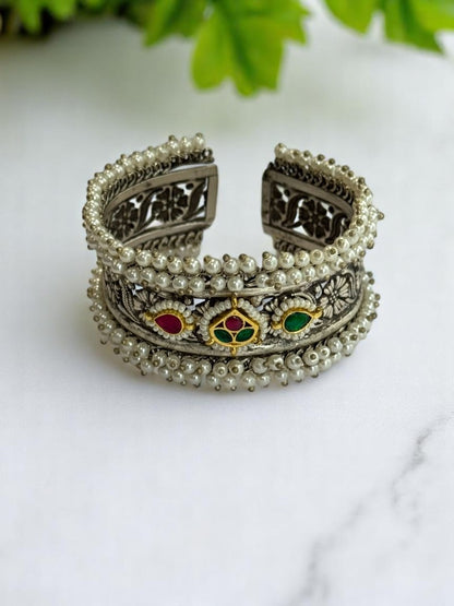 GERMAN SILVER MULTI STONE LOTUS WITH HANGING BEADS CUFF