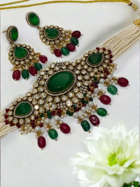 WHITE BEADS CHOKAR WITH GREEN STONE, MULTI HANGING BEADS, DIAMOND AND DANGLING EARRINGS