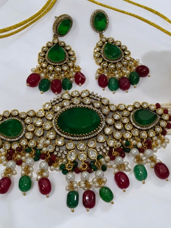WHITE BEADS CHOKAR WITH GREEN STONE, MULTI HANGING BEADS, DIAMOND AND DANGLING EARRINGS