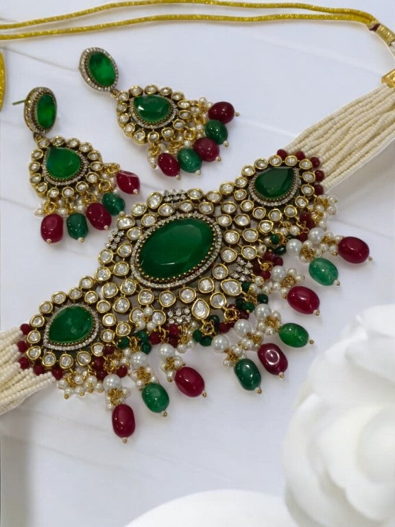 WHITE BEADS CHOKAR WITH GREEN STONE, MULTI HANGING BEADS, DIAMOND AND DANGLING EARRINGS