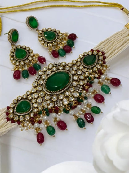 WHITE BEADS CHOKAR WITH GREEN STONE, MULTI HANGING BEADS, DIAMOND AND DANGLING EARRINGS