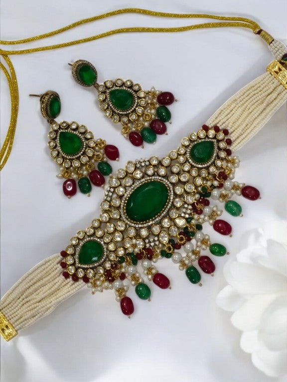 WHITE BEADS CHOKAR WITH GREEN STONE, MULTI HANGING BEADS, DIAMOND AND DANGLING EARRINGS