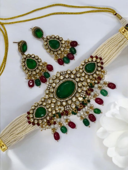 WHITE BEADS CHOKAR WITH GREEN STONE, MULTI HANGING BEADS, DIAMOND AND DANGLING EARRINGS