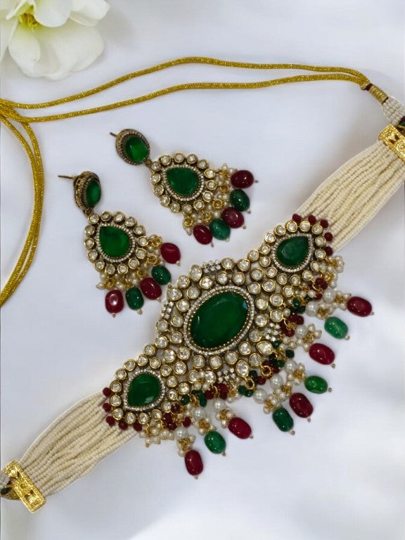 WHITE BEADS CHOKAR WITH GREEN STONE, MULTI HANGING BEADS, DIAMOND AND DANGLING EARRINGS