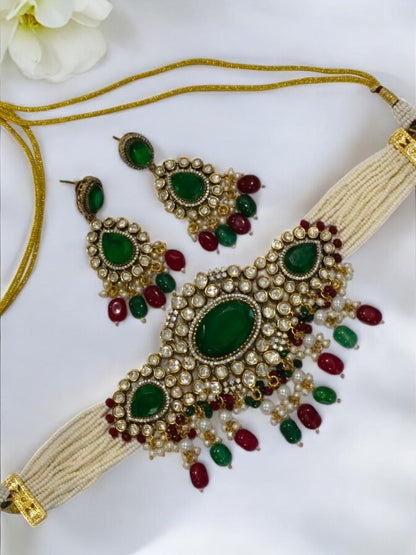 WHITE BEADS CHOKAR WITH GREEN STONE, MULTI HANGING BEADS, DIAMOND AND DANGLING EARRINGS