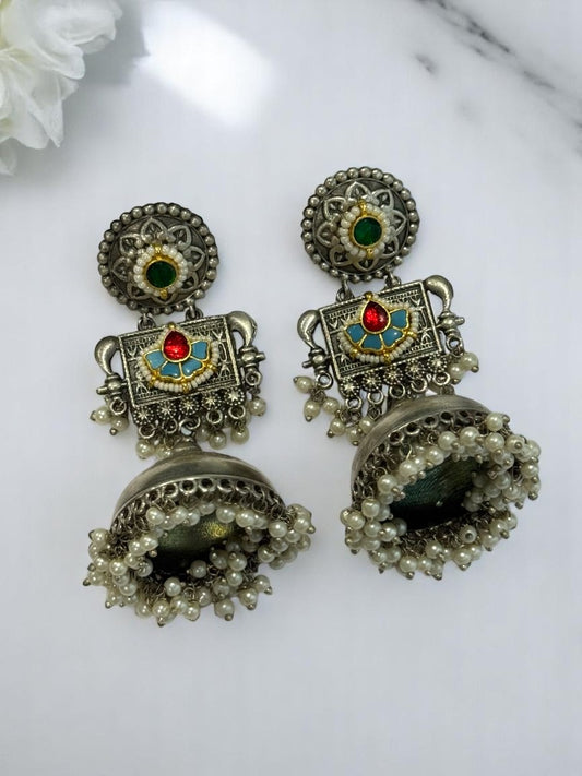 GERMAN SILVER MULTI COLOURED DANGLE ZHUMKA EAARINGS