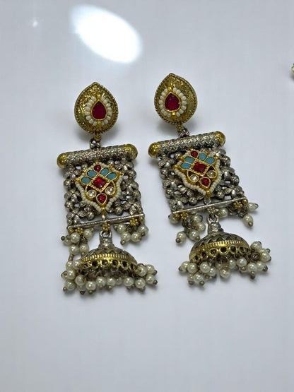 GERMAN SILVER ANTI TARNISH DUAL TONE MULTI COLOURED DANGLE EARRINGS