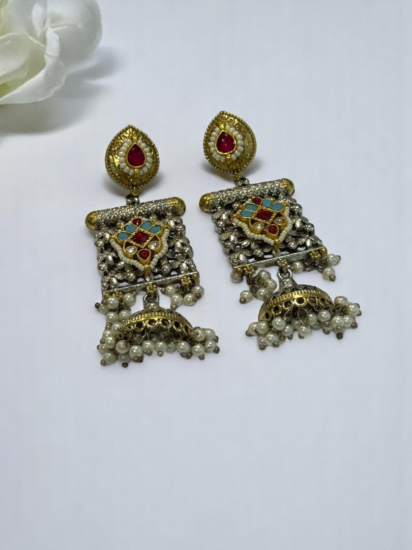 GERMAN SILVER ANTI TARNISH DUAL TONE MULTI COLOURED DANGLE EARRINGS