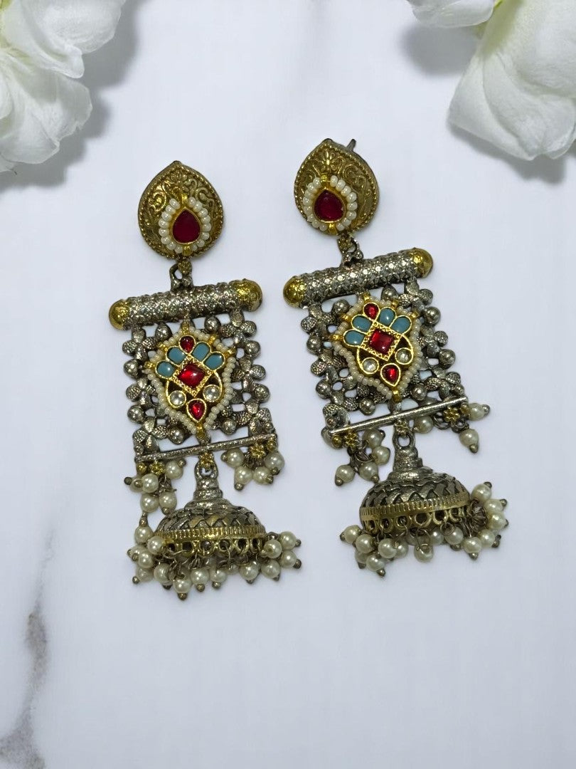 GERMAN SILVER ANTI TARNISH DUAL TONE MULTI COLOURED DANGLE EARRINGS