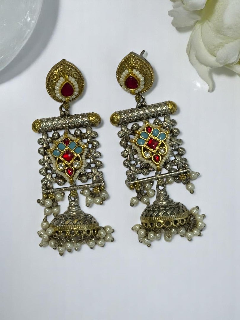GERMAN SILVER ANTI TARNISH DUAL TONE MULTI COLOURED DANGLE EARRINGS