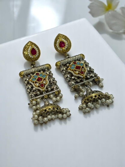 GERMAN SILVER ANTI TARNISH DUAL TONE MULTI COLOURED DANGLE EARRINGS