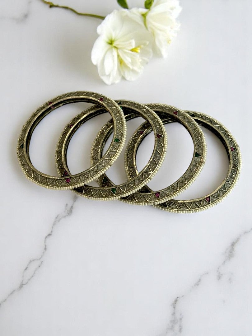 GERMAN SILVER MULTI MEENA BANGLE AROUND BEADS