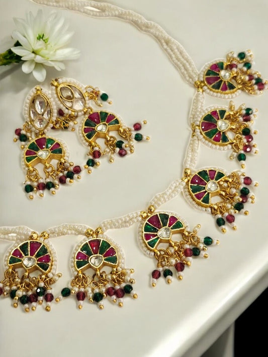 WHITE BEADS MALA WITH MULTI COLOR MINA, MULTI HANGING BEADS AND DANGLING EARRINGS
