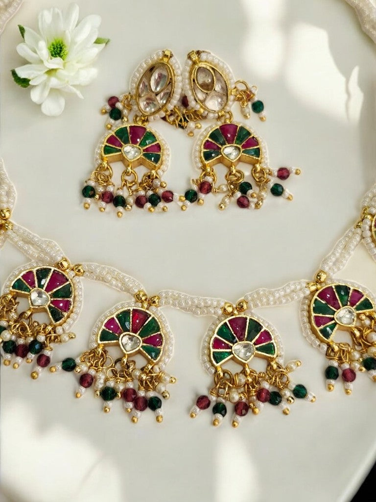 WHITE BEADS MALA WITH MULTI COLOR MINA, MULTI HANGING BEADS AND DANGLING EARRINGS