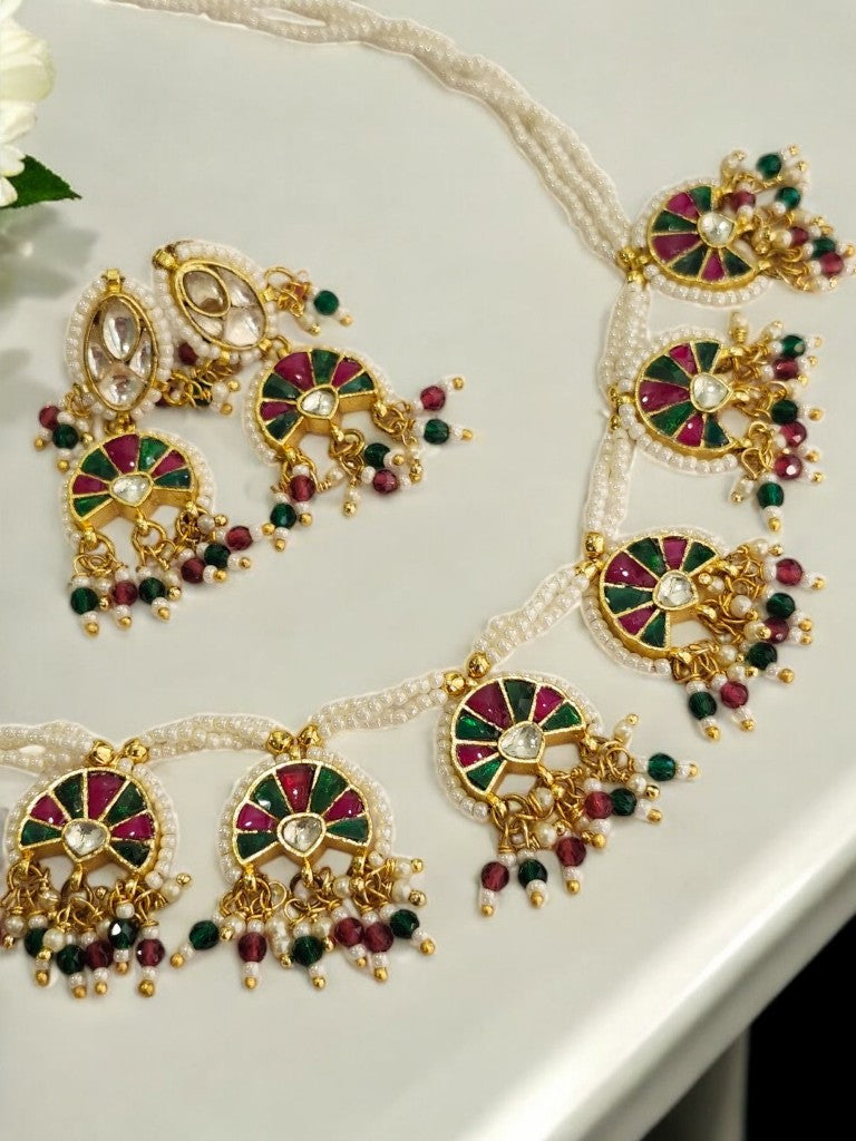 WHITE BEADS MALA WITH MULTI COLOR MINA, MULTI HANGING BEADS AND DANGLING EARRINGS
