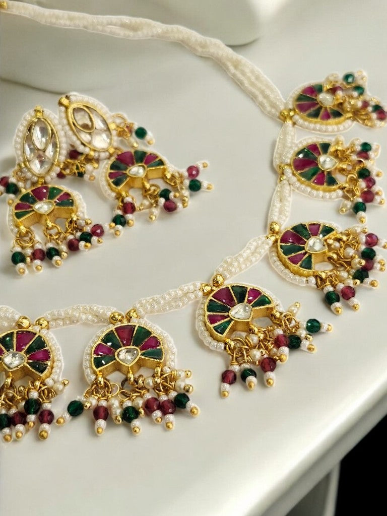 WHITE BEADS MALA WITH MULTI COLOR MINA, MULTI HANGING BEADS AND DANGLING EARRINGS