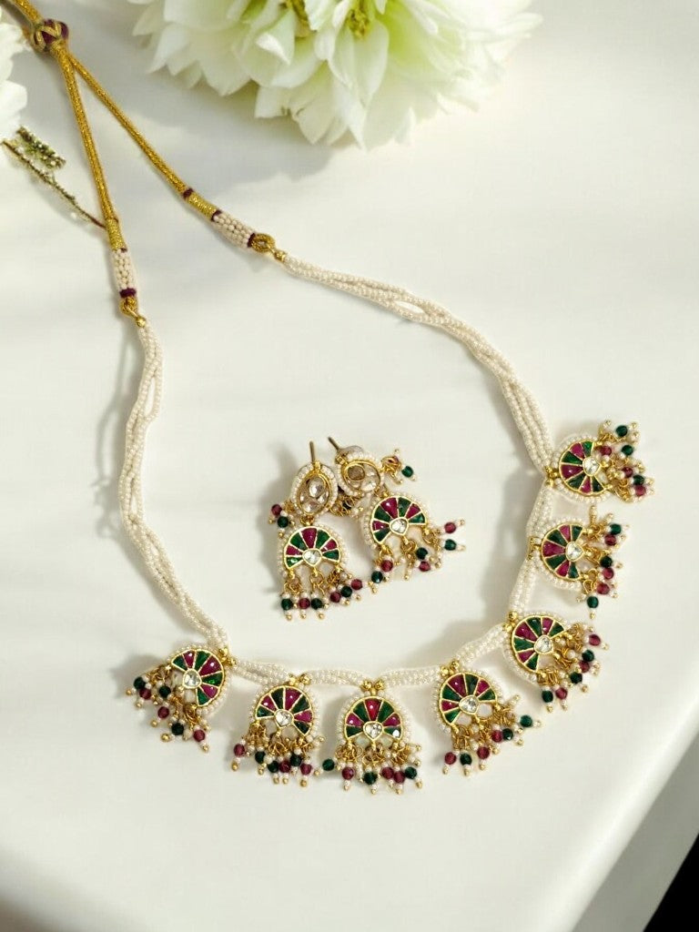 WHITE BEADS MALA WITH MULTI COLOR MINA, MULTI HANGING BEADS AND DANGLING EARRINGS