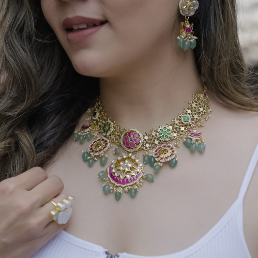 MULTI COLUR STONE, HANGING GREEN BEADS NECKLACE AND DANGLING EARRING