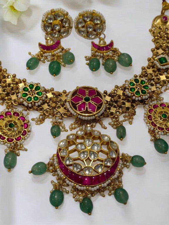 MULTI COLUR STONE, HANGING GREEN BEADS NECKLACE AND DANGLING EARRING