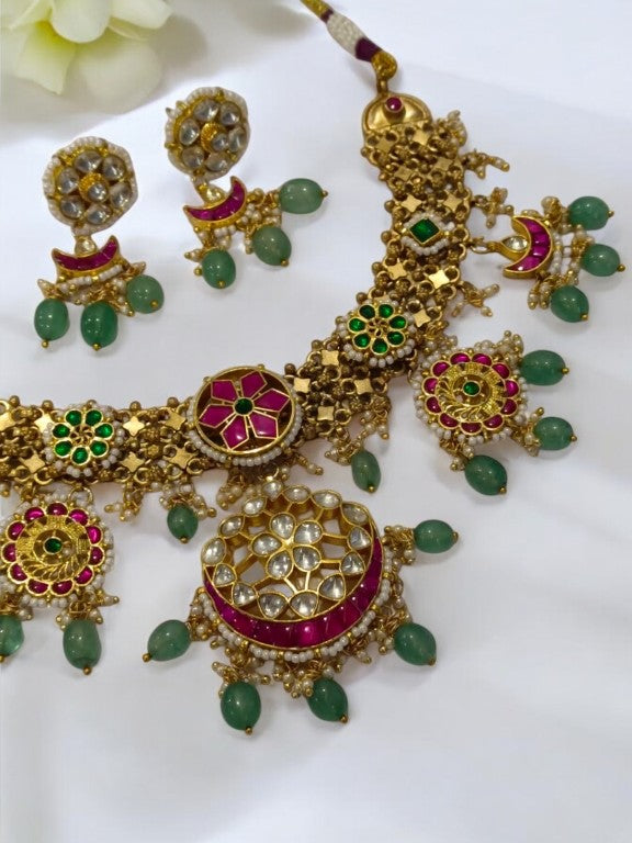 MULTI COLUR STONE, HANGING GREEN BEADS NECKLACE AND DANGLING EARRING