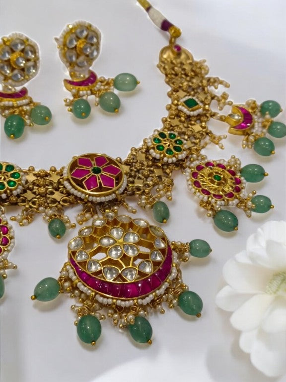 MULTI COLUR STONE, HANGING GREEN BEADS NECKLACE AND DANGLING EARRING