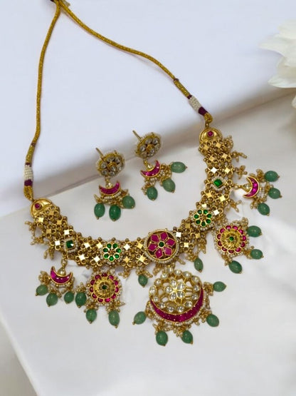 MULTI COLUR STONE, HANGING GREEN BEADS NECKLACE AND DANGLING EARRING