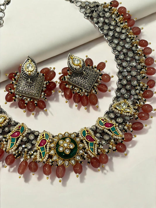 ORANGE RENUKA GERMAN SILVER JEWELLERY SET
