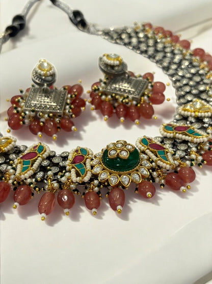 ORANGE RENUKA GERMAN SILVER JEWELLERY SET