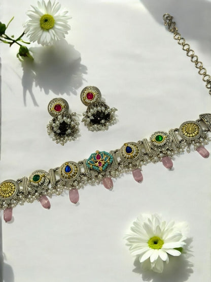 PINK ARINA GERMAN SILVER JEWELLERY SET