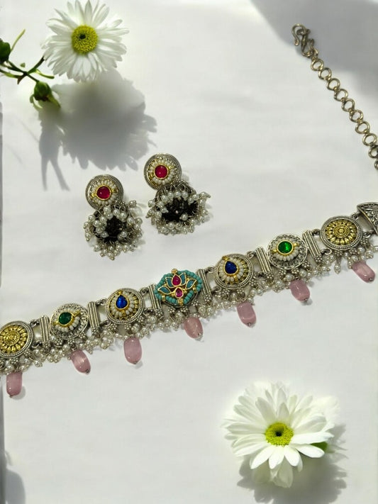 PINK ARINA GERMAN SILVER JEWELLERY SET