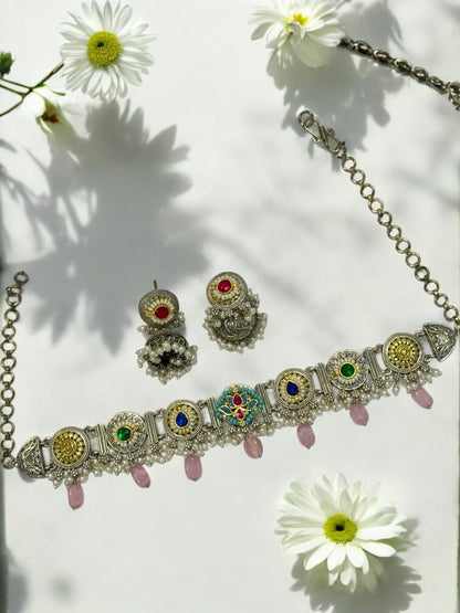 PINK ARINA GERMAN SILVER JEWELLERY SET
