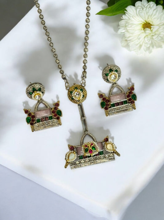 PINK DAMINI GERMAN SILVER JEWELLERY SET