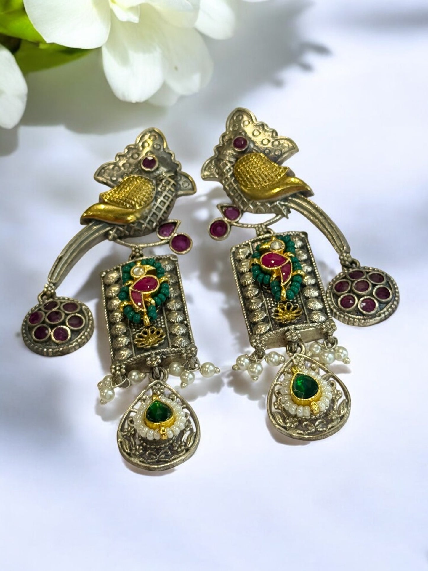 PINK GREEN HIYA GERMAN SILVER EARRINGS