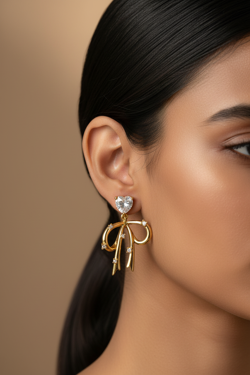DIAMOND HEART BOW VERIE EARRINGS