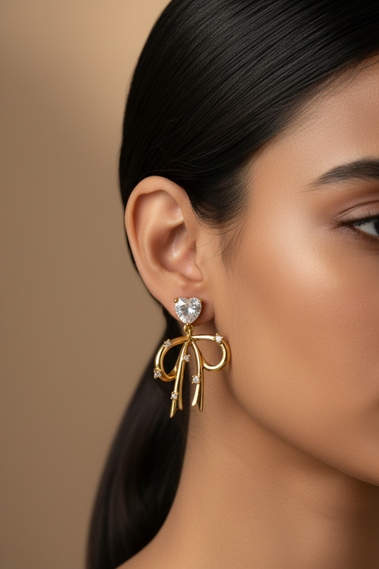 DIAMOND HEART BOW VERIE EARRINGS