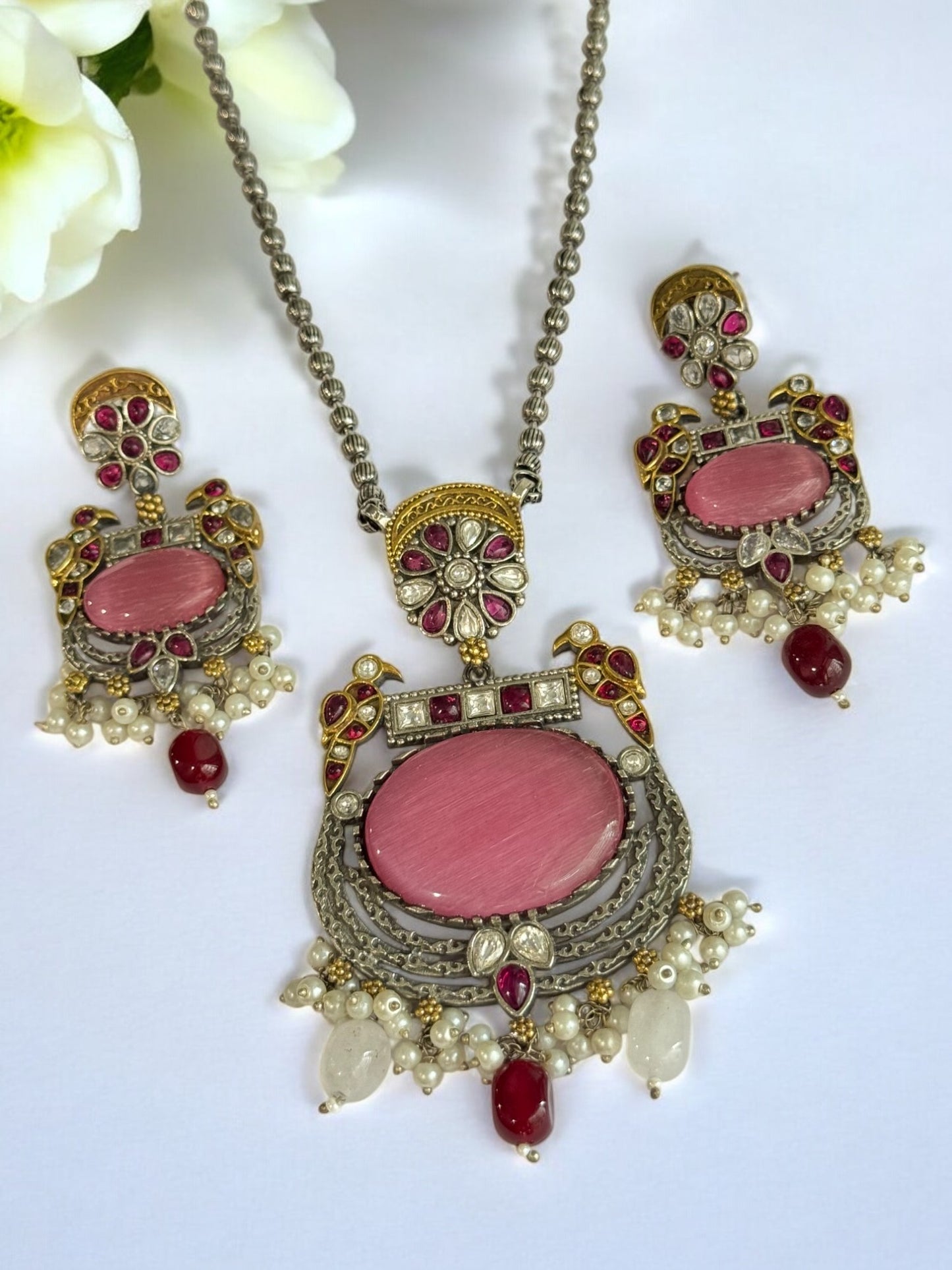 PINK LAKSHITA GERMAN SILVER JEWELLERY SET