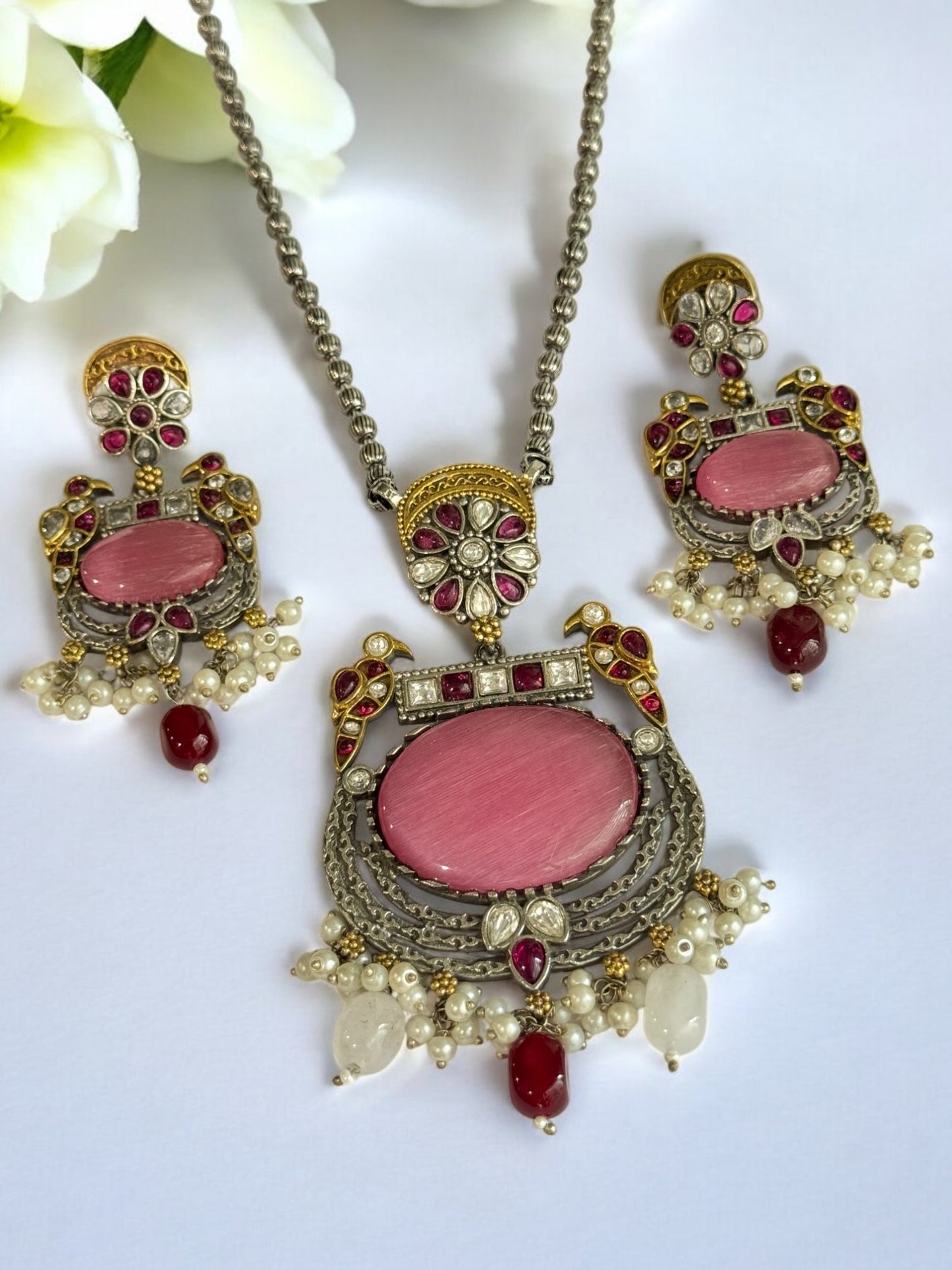 PINK LAKSHITA GERMAN SILVER JEWELLERY SET