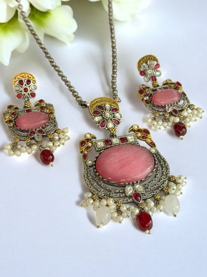 PINK LAKSHITA GERMAN SILVER JEWELLERY SET