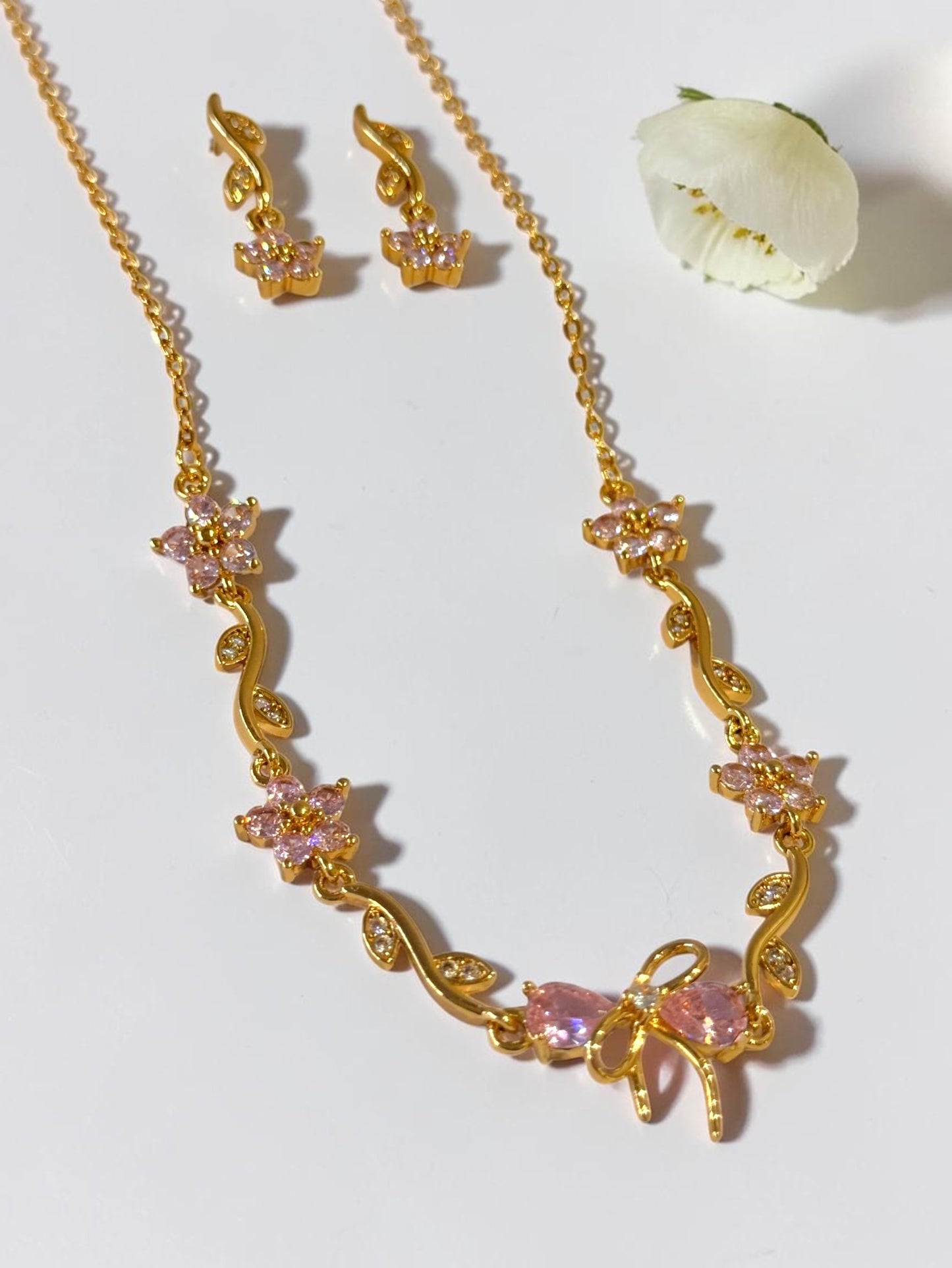PINK STONE BOW CHELESTE NECKLACE SET