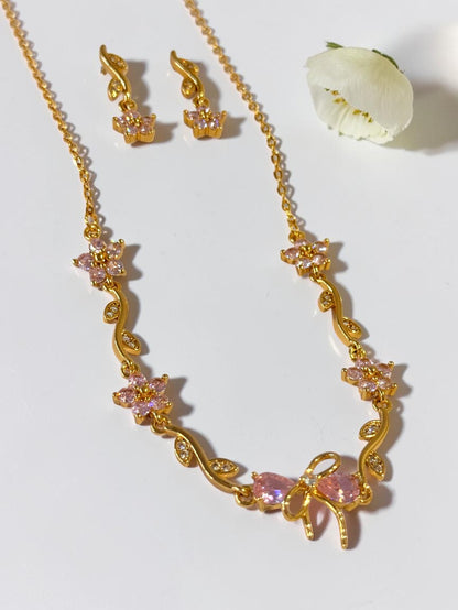 PINK STONE BOW CHELESTE NECKLACE SET