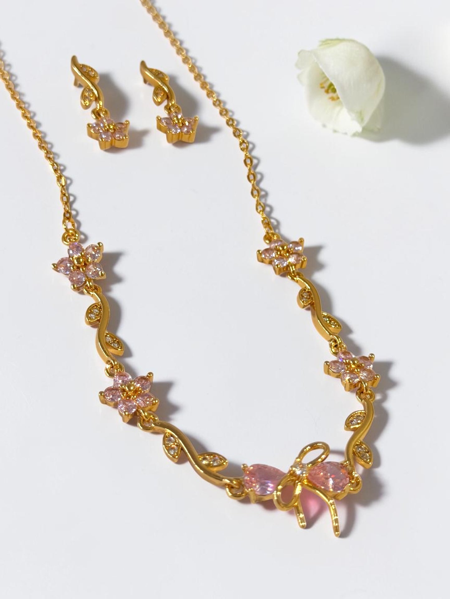 PINK STONE BOW CHELESTE NECKLACE SET