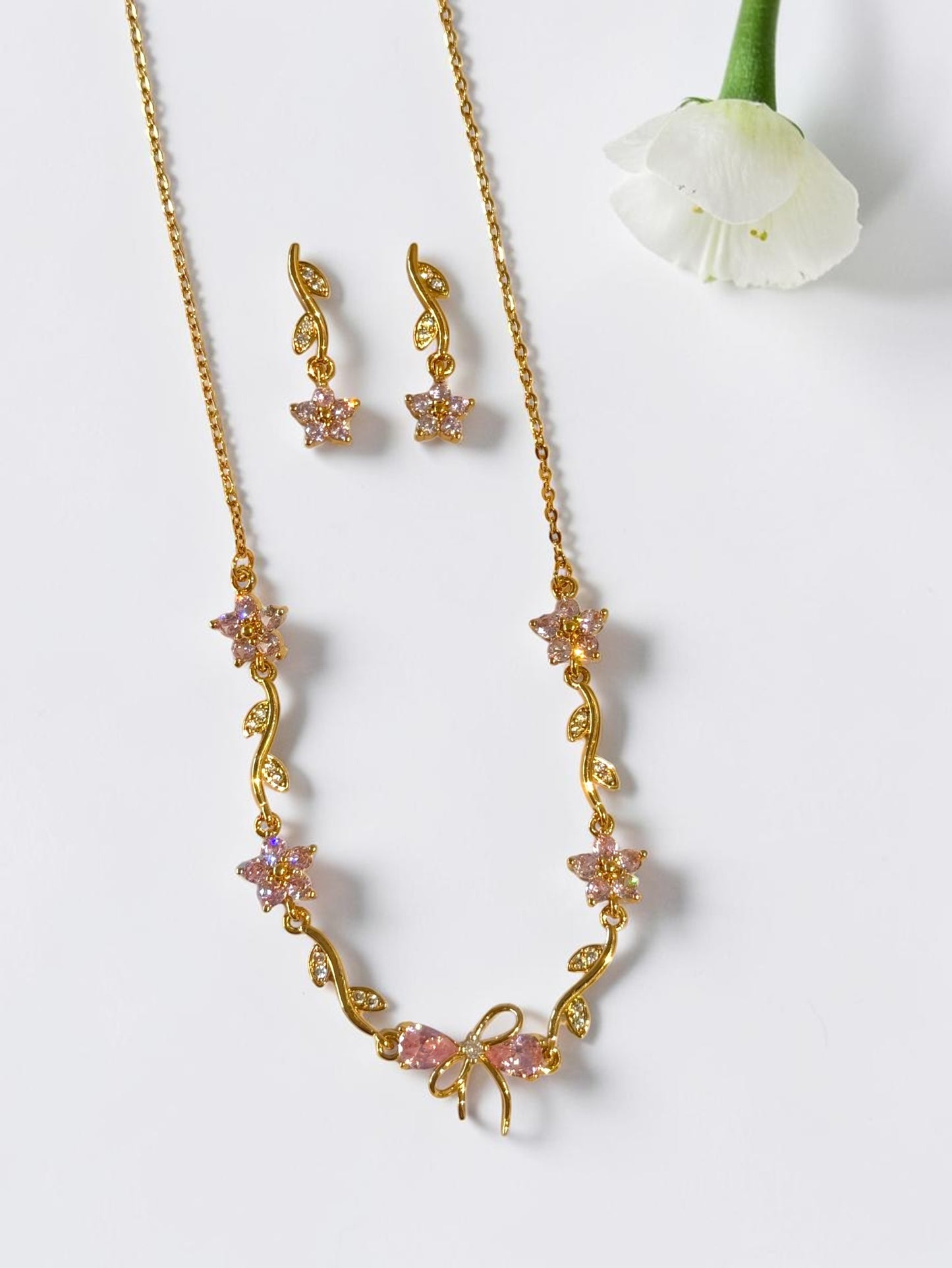 PINK STONE BOW CHELESTE NECKLACE SET